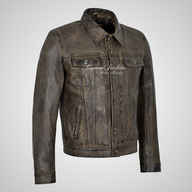 WEST Trucker Leather Jacket Denim Style Vintage Waxed Shirt Jacket