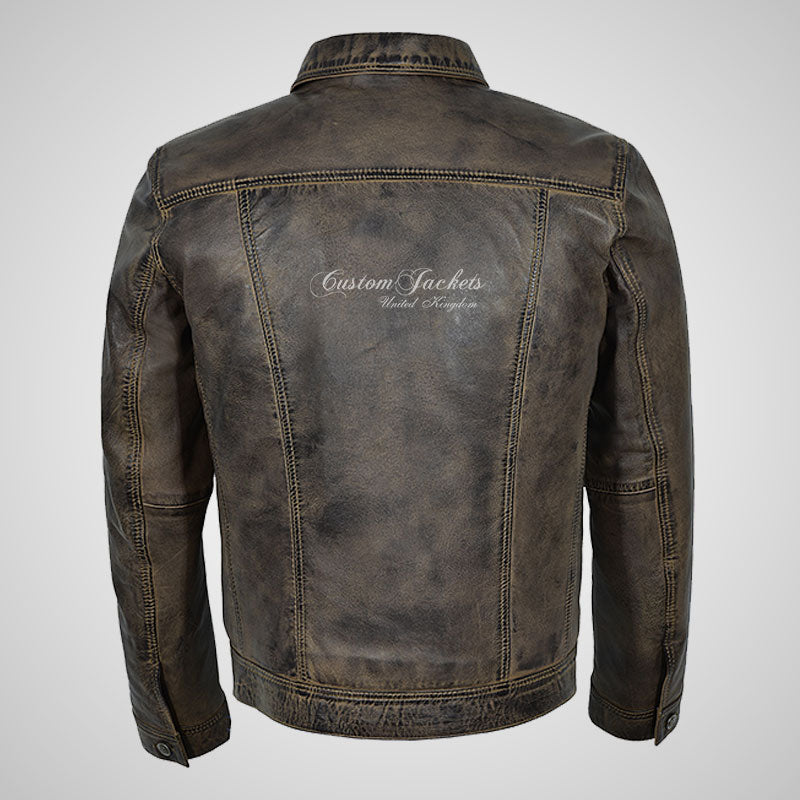 WEST Trucker Leather Jacket Denim Style Vintage Waxed Shirt Jacket