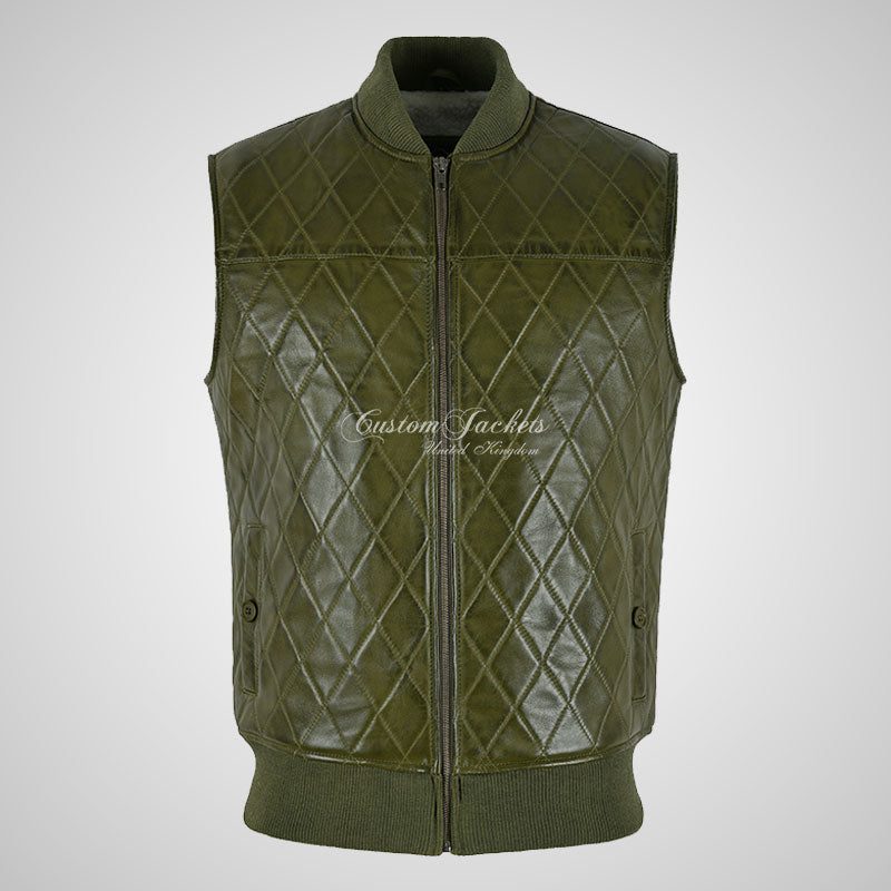 PRIME Olive Green Leather Gilet: Bomber Style, Quilted Body
