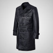 U-BOAT Double Breasted Long Military Style Leather Coat Black
