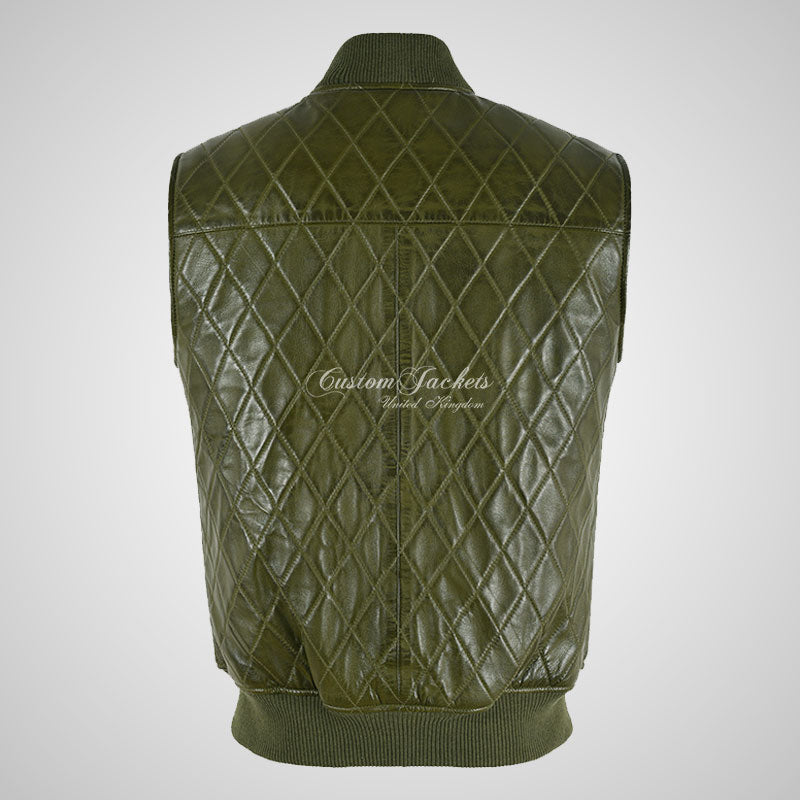 PRIME Olive Green Leather Gilet: Bomber Style, Quilted Body