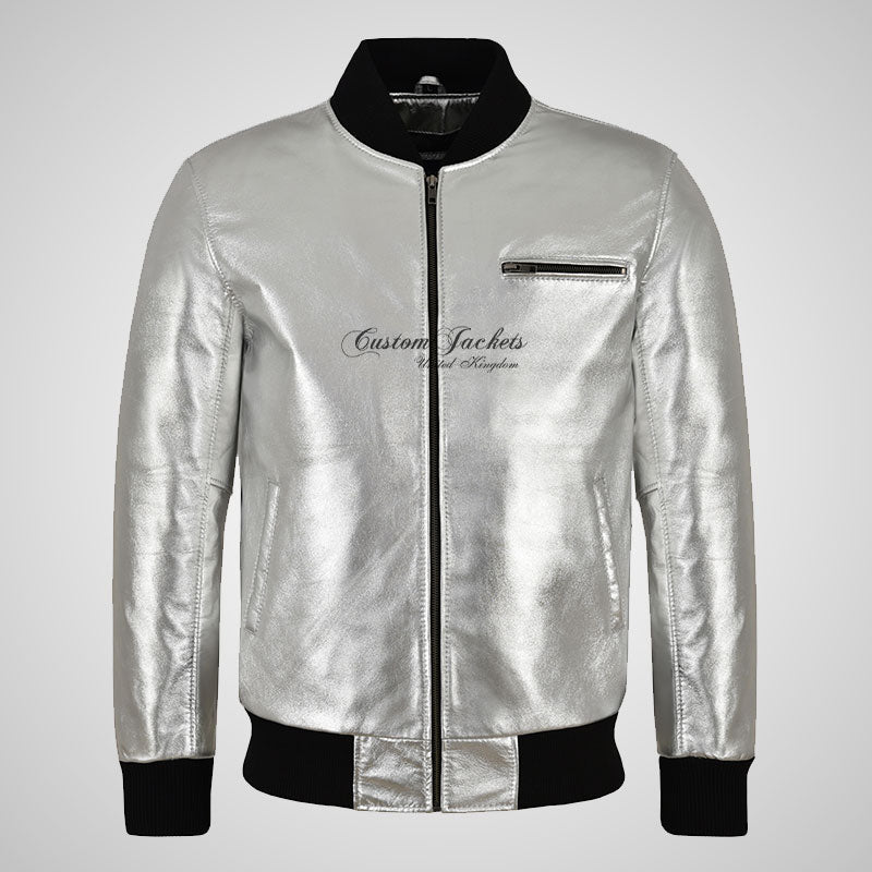SEVENTIES 70’s SILVER Leather Bomber Jacket For Mens