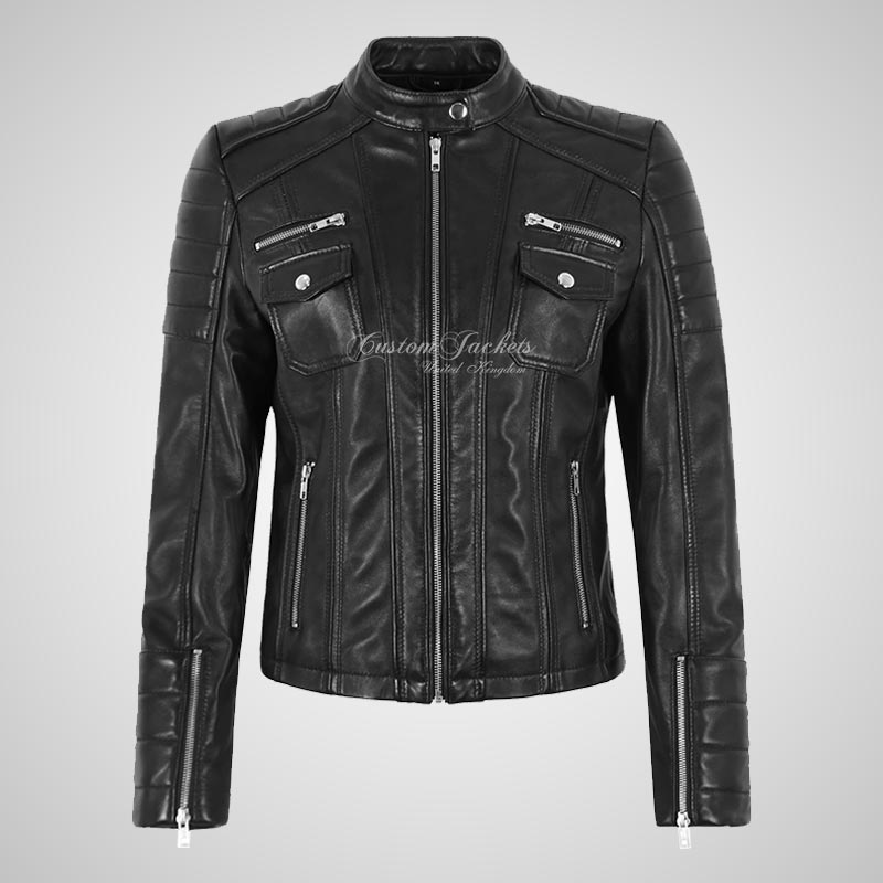 USK Women's Leather Biker Jacket Fitted Fashion Jacket