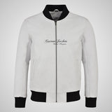 JACK Men's White Leather Bomber Jacket Varsity Jacket