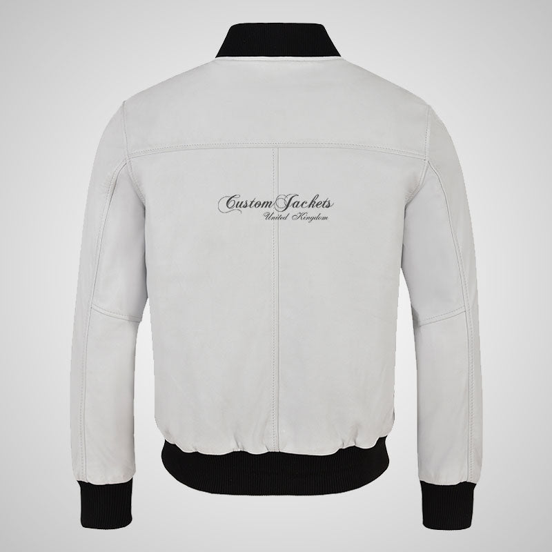 JACK Men's White Leather Bomber Jacket Varsity Jacket