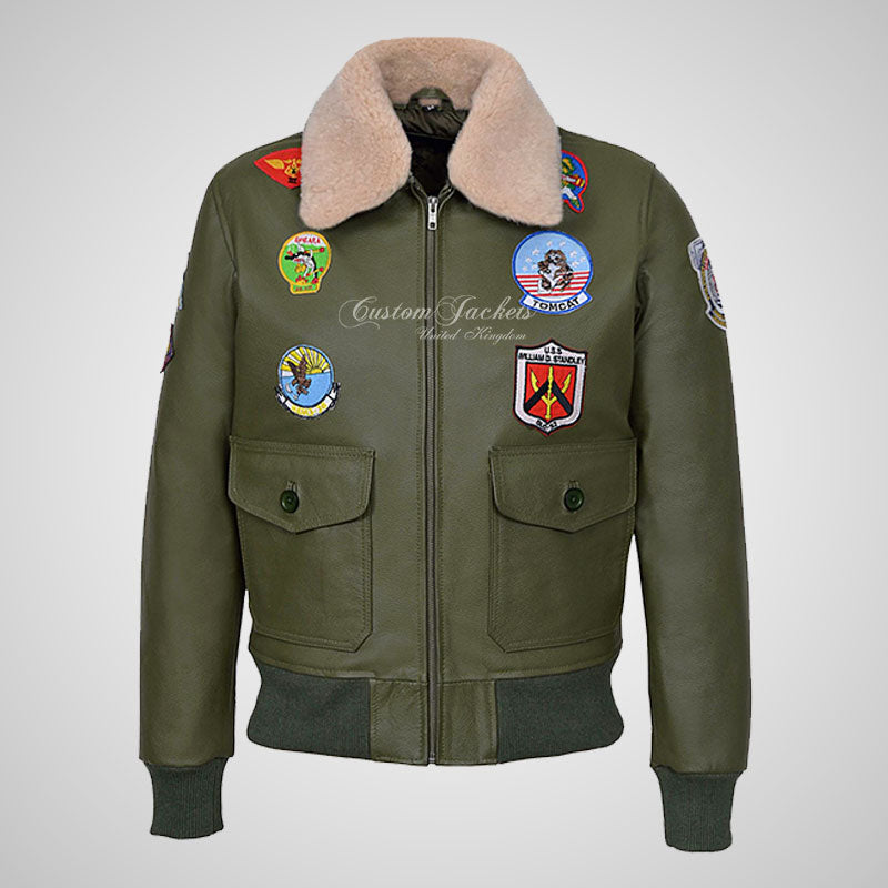 TOP GUN Men's Fur Collared Leather Bomber Jacket With Badges Green