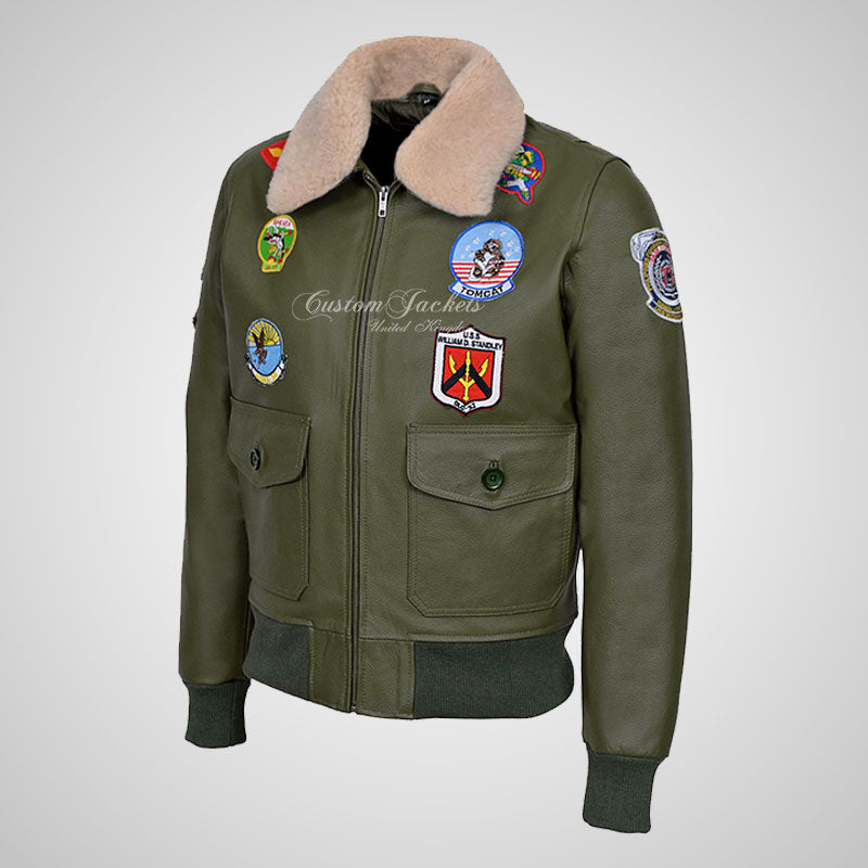 TOP GUN Men's Fur Collared Leather Bomber Jacket With Badges Green