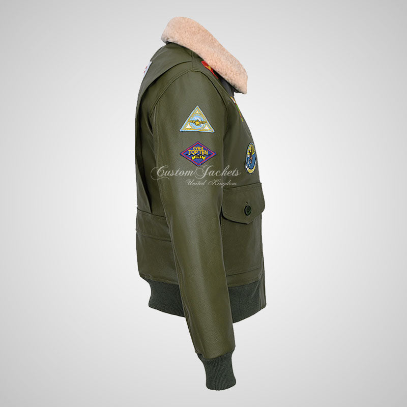 TOP GUN Men's Fur Collared Leather Bomber Jacket With Badges Green