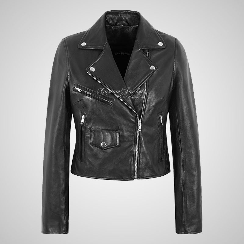 MASY Ladies Biker Leather Black Fitted Real Leather Jacket