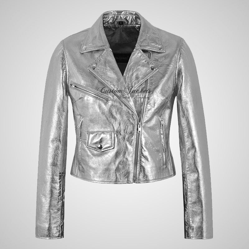 MASY Ladies Biker Leather Silver and Golden Fitted Real Leather Jacket