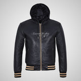 BASEBALL Hooded Leather Bomber Jacket for Mens Soft Leather