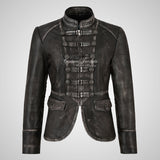 MILITARY Style Ladies Short Studded Leather Jacket Vintage Waxed Leather