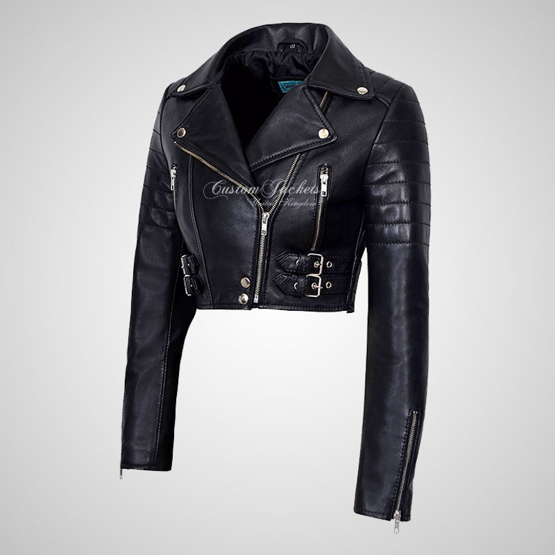VOGUE Womens Leather Cropped Jacket Short Biker Leather Jacket
