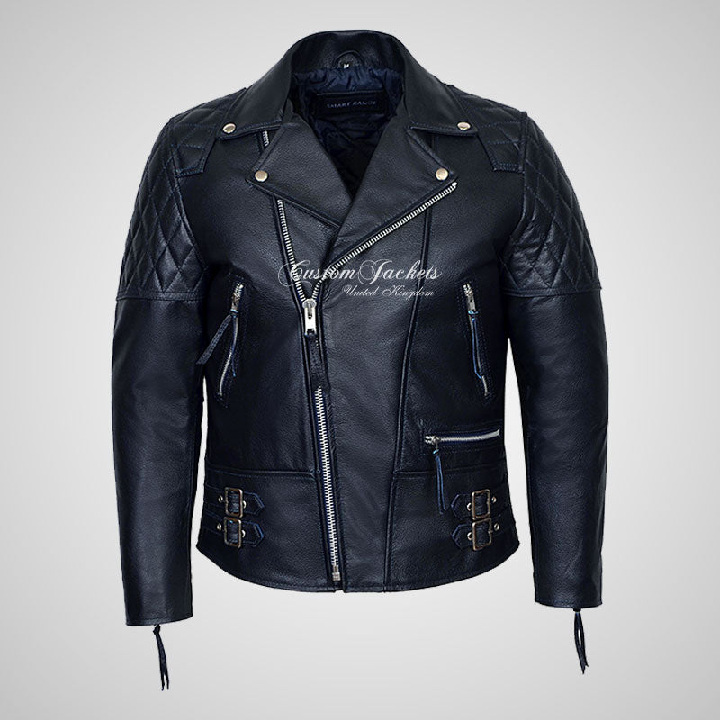 HIGHWAY Mens Leather Biker Jacket Cowhide Leather Jacket