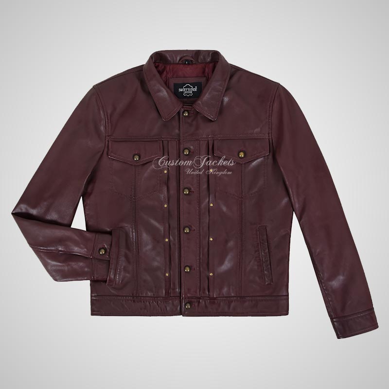 RENSHIRE Men's Collared Leather Jacket in Berry