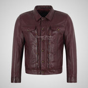 RENSHIRE Men's Collared Leather Jacket in Berry