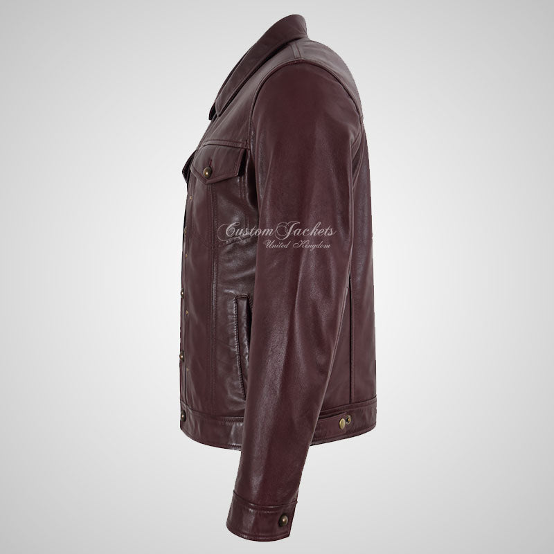 RENSHIRE Men's Collared Leather Jacket in Berry