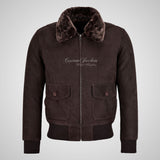 TOP GUN Men's Fur Collared Bomber Leather Jacket in Brown Nubuck Leather