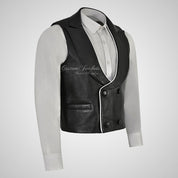 REGENCY Mens Leather Waistcoat White Leather Piping