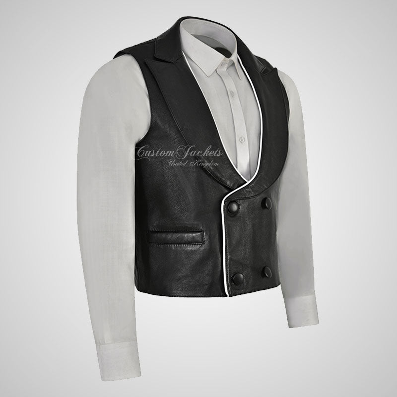 REGENCY Mens Leather Waistcoat White Leather Piping – Custom Jackets