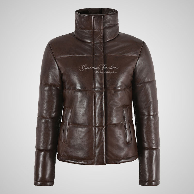 NIS Ladies Padded Puffer Leather Jacket Brown