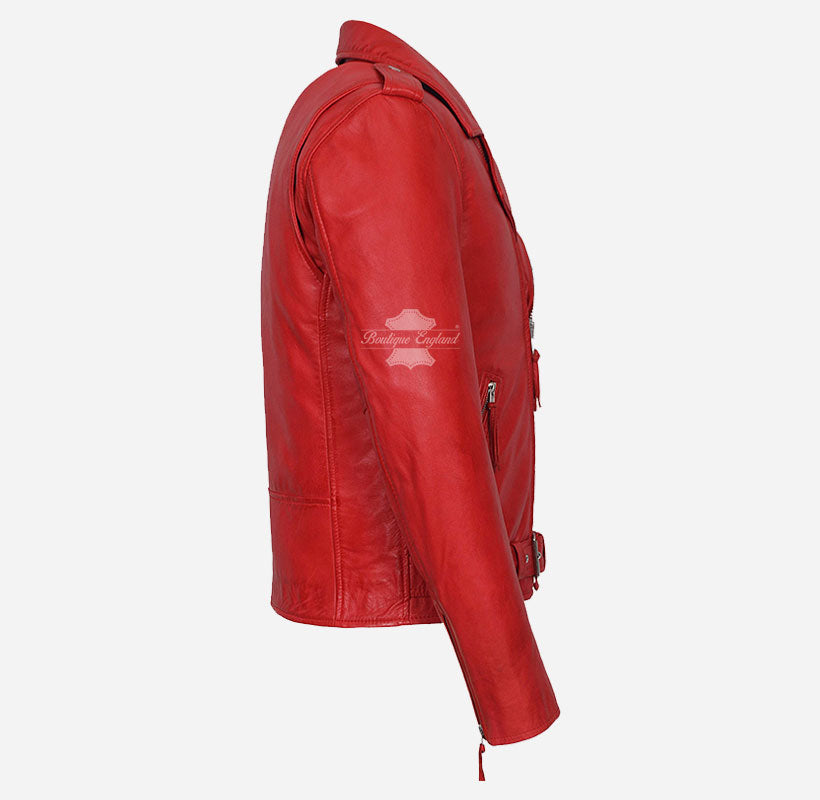 Red Leather Jacket Men BRANDO Herren Lederjacke In Rot – Biker-Style Aus 100% Rindsleder, Mit Gürtel & Zippern Mr B Leather