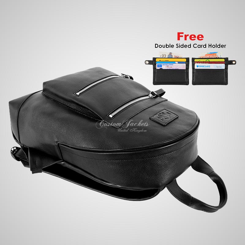 Premium Leather Backpack Black Touring Style Biker School College Bag