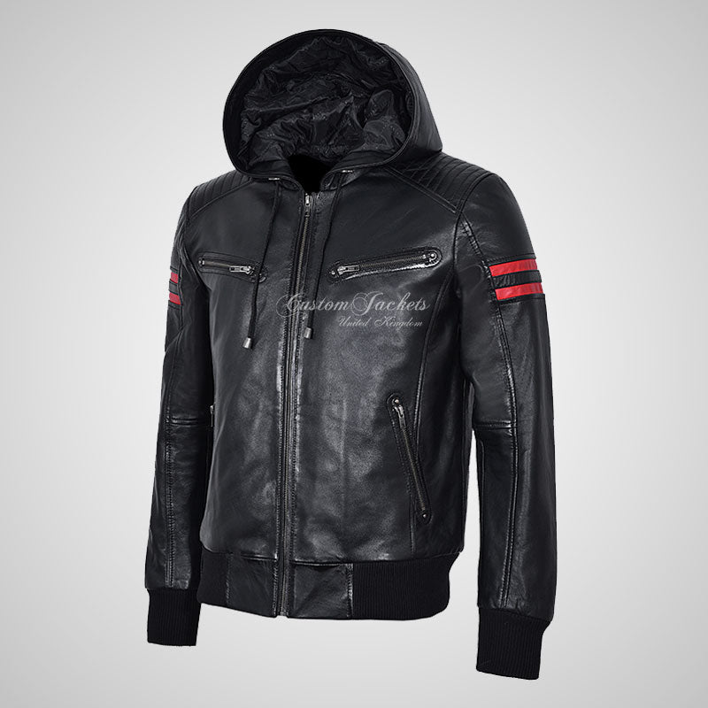 PETE Black Leather Hooded Jacket For Mens Leather Hoodies