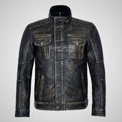 PHAN-TOM Mens Detachable Double Collar Vintage Leather Biker Jacket