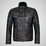 PHAN-TOM Mens Detachable Double Collar Vintage Leather Biker Jacket