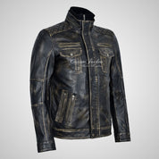 PHAN-TOM Mens Detachable Double Collar Vintage Leather Biker Jacket