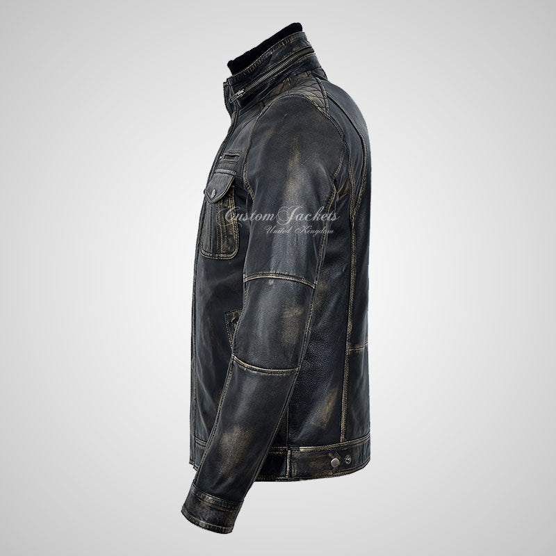 PHAN-TOM Mens Detachable Double Collar Vintage Leather Biker Jacket