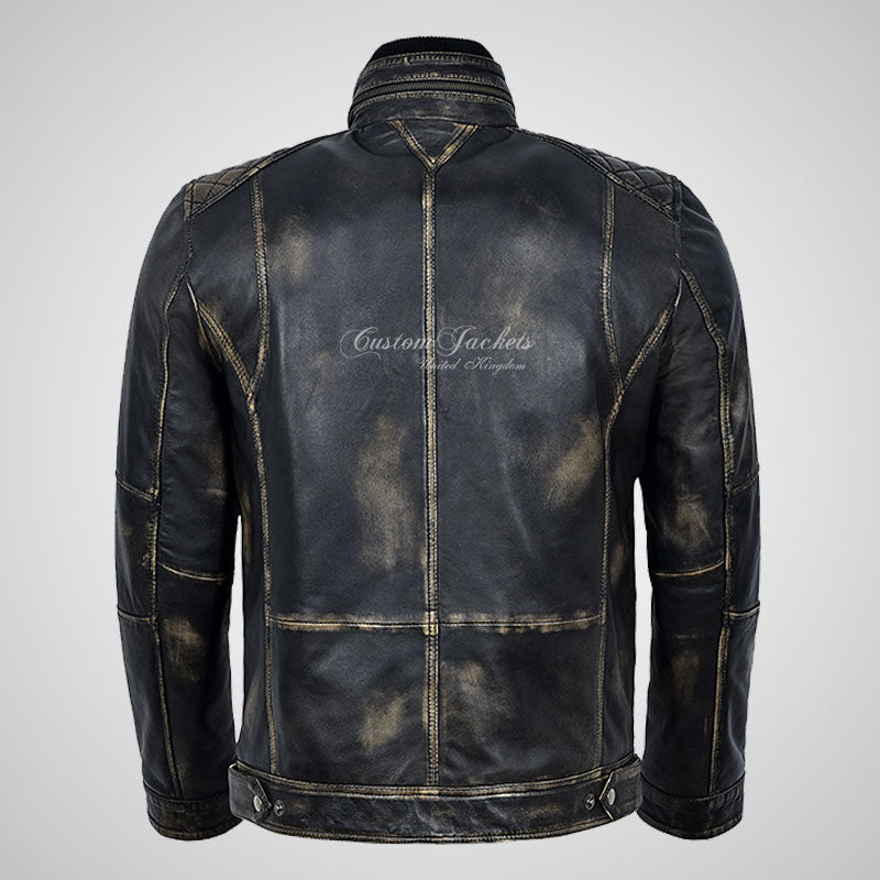 PHAN-TOM Mens Detachable Double Collar Vintage Leather Biker Jacket