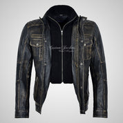 PHAN-TOM Mens Detachable Double Collar Vintage Leather Biker Jacket