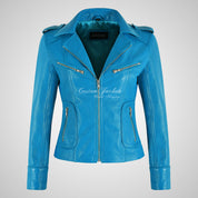 BLAZE Leather Biker Leather Jacket For Women Light Blue