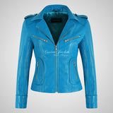 BLAZE Leather Biker Leather Jacket For Women Light Blue