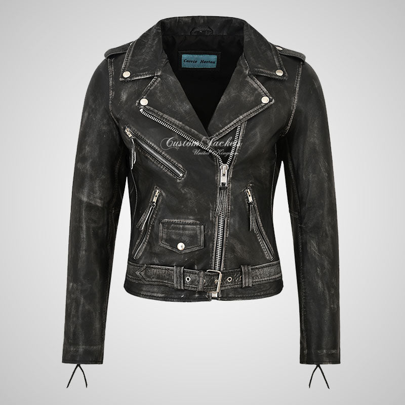 BRANDO Women Leather Biker Jacket Vintage Waxed Rocker Jacket