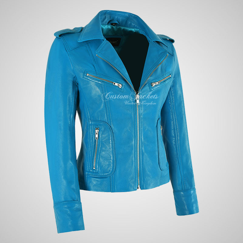 BLAZE Leather Biker Leather Jacket For Women Light Blue
