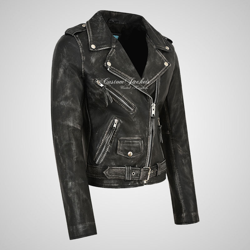 BRANDO Women Leather Biker Jacket Vintage Waxed Rocker Jacket