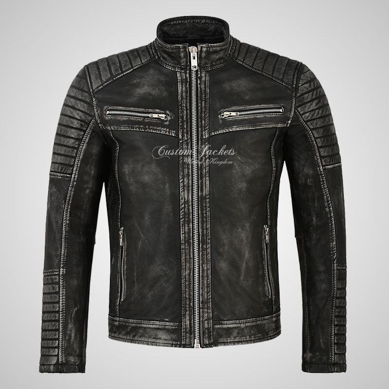 URIAH Mens Leather Biker Jacket Pre Distressed Waxed Leather