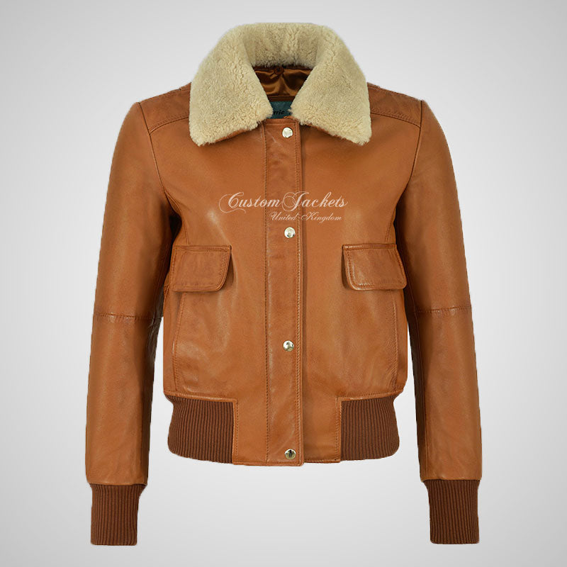 REESE Ladies Leather Bomber Jacket Removable Fur Collar