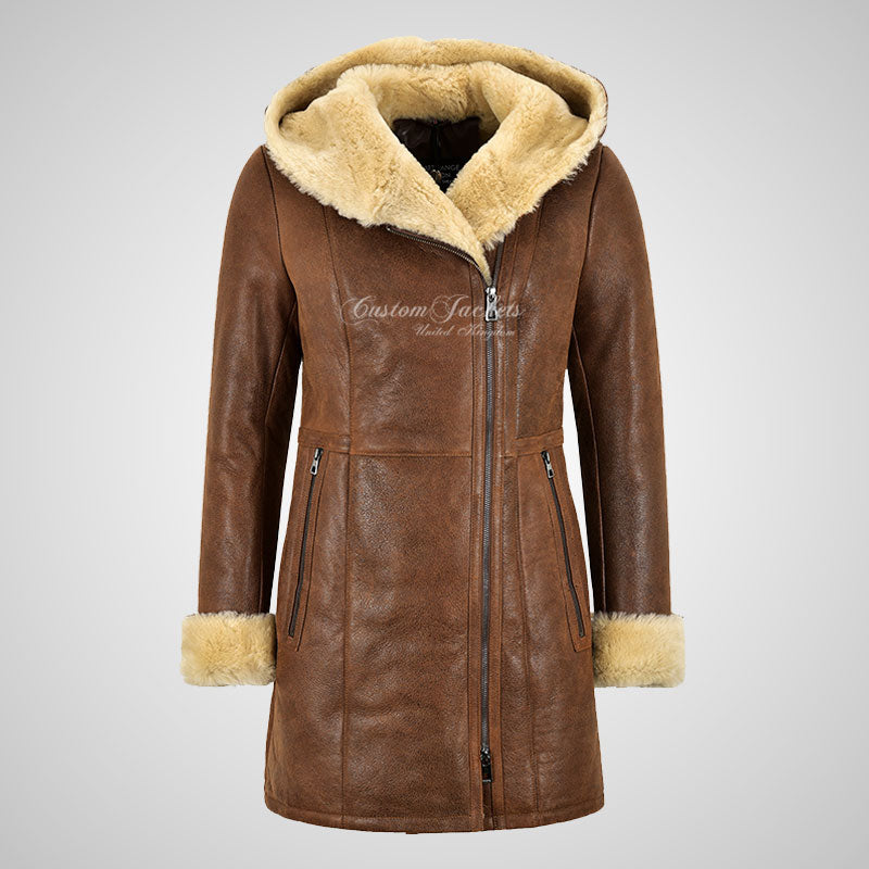 YAREN Ladies Sheepskin Hooded Coat Winter Shearling Fur Jacket