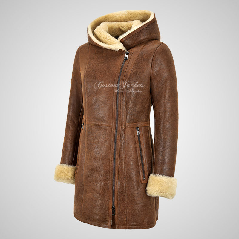 YAREN Ladies Sheepskin Hooded Coat Winter Shearling Fur Jacket