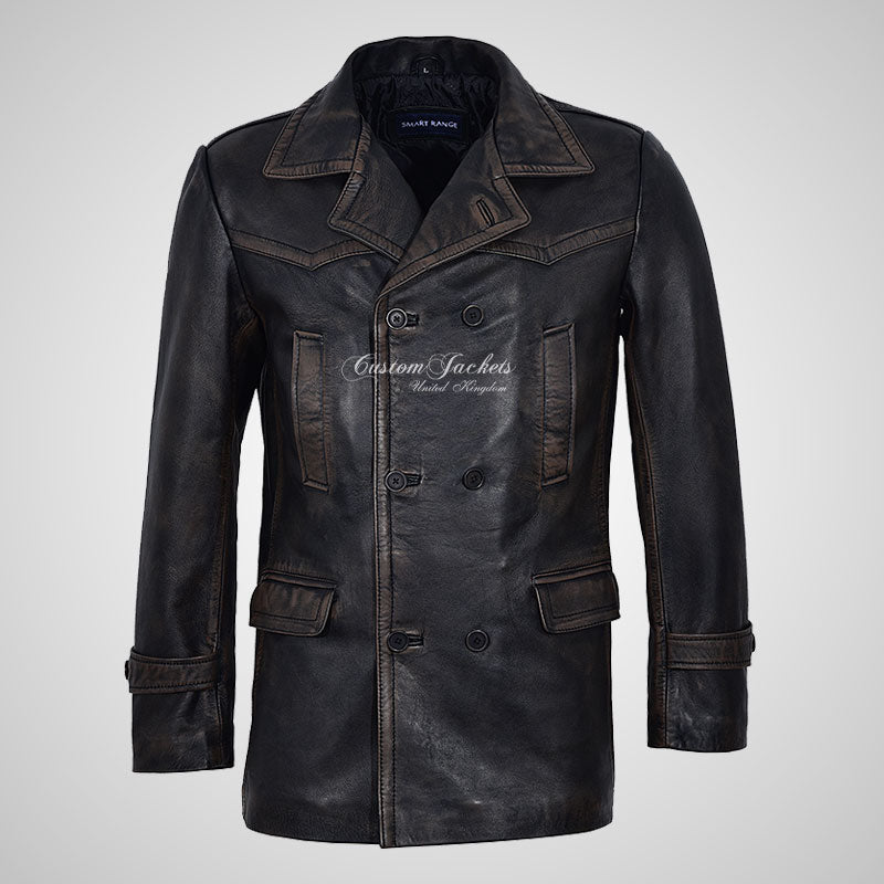 KRIEGSMARINE Mens Leather Pea Coat Soft German Military Leather Jacket