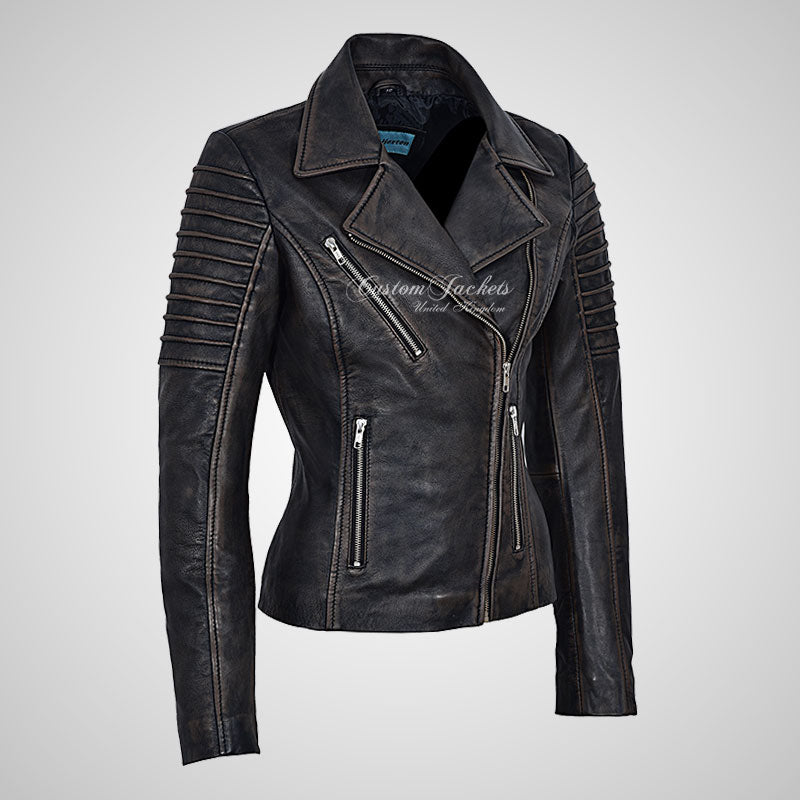 ROSETTA Ladies Vintage Black Leather Biker Jacket Soft Leather