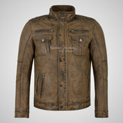 PHAN-TOM Mens Detachable Double Collar Leather Biker Jacket