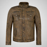 PHAN-TOM Mens Detachable Double Collar Leather Biker Jacket