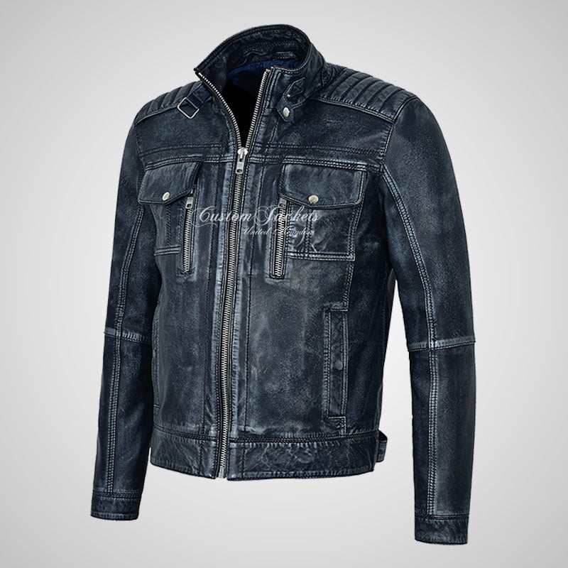 HOLDEN Mens Vintage Leather Fashion Biker Jacket Soft Waxed Leather Jacket