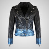 BRANDO Women Leather Biker Jacket Blue Sparkle Rocker Jacket