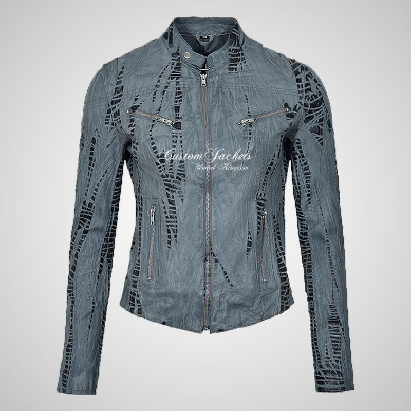 VERVE Croc Print Ladies Biker Leather Jacket Grey